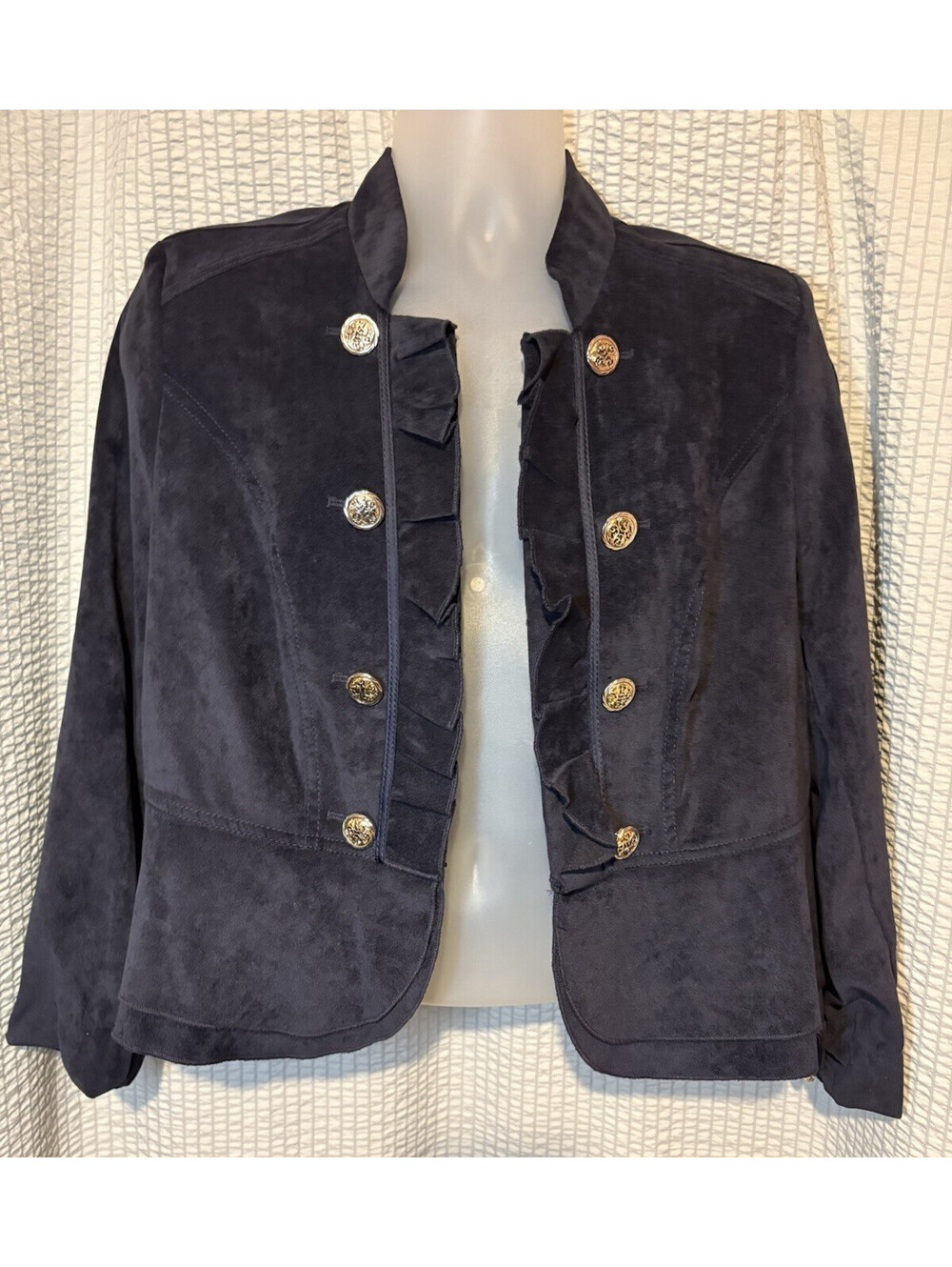 Kate Rosy PXL Black Faux Suede Military Jacket Gold Buttons Ruffle Front